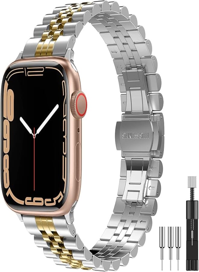 Diruite For Apple Watch 49mm 45mm 44mm 42mm 41mm 40mm 38mm Bracelet, Stainless Steel Electroplate Watchband with Double Deployment Clasp for Apple Watch Ultra/Ultra 2/Series 9/8/7/6/5/4/SE